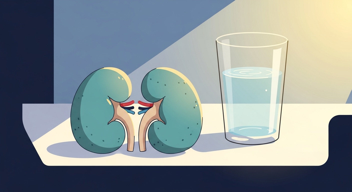 Friendly illustration of two healthy kidneys beside a glass of water and a summer sun, in warm clinic colors