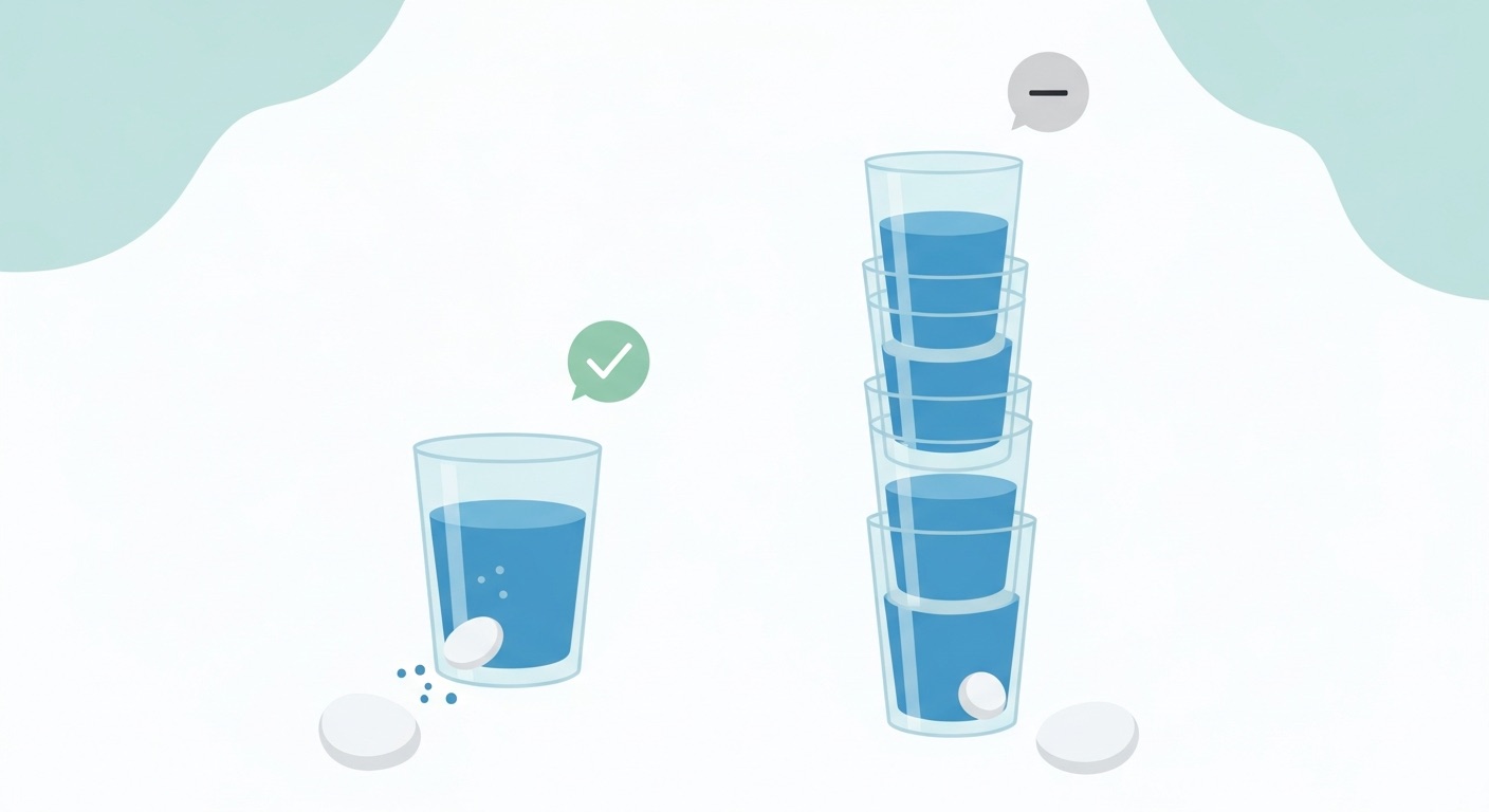 Simple comparison graphic: a glass of water reduces kidney-stone recurrence, while a stack of extra glasses does not slow CKD, shown with friendly check and no-change icons