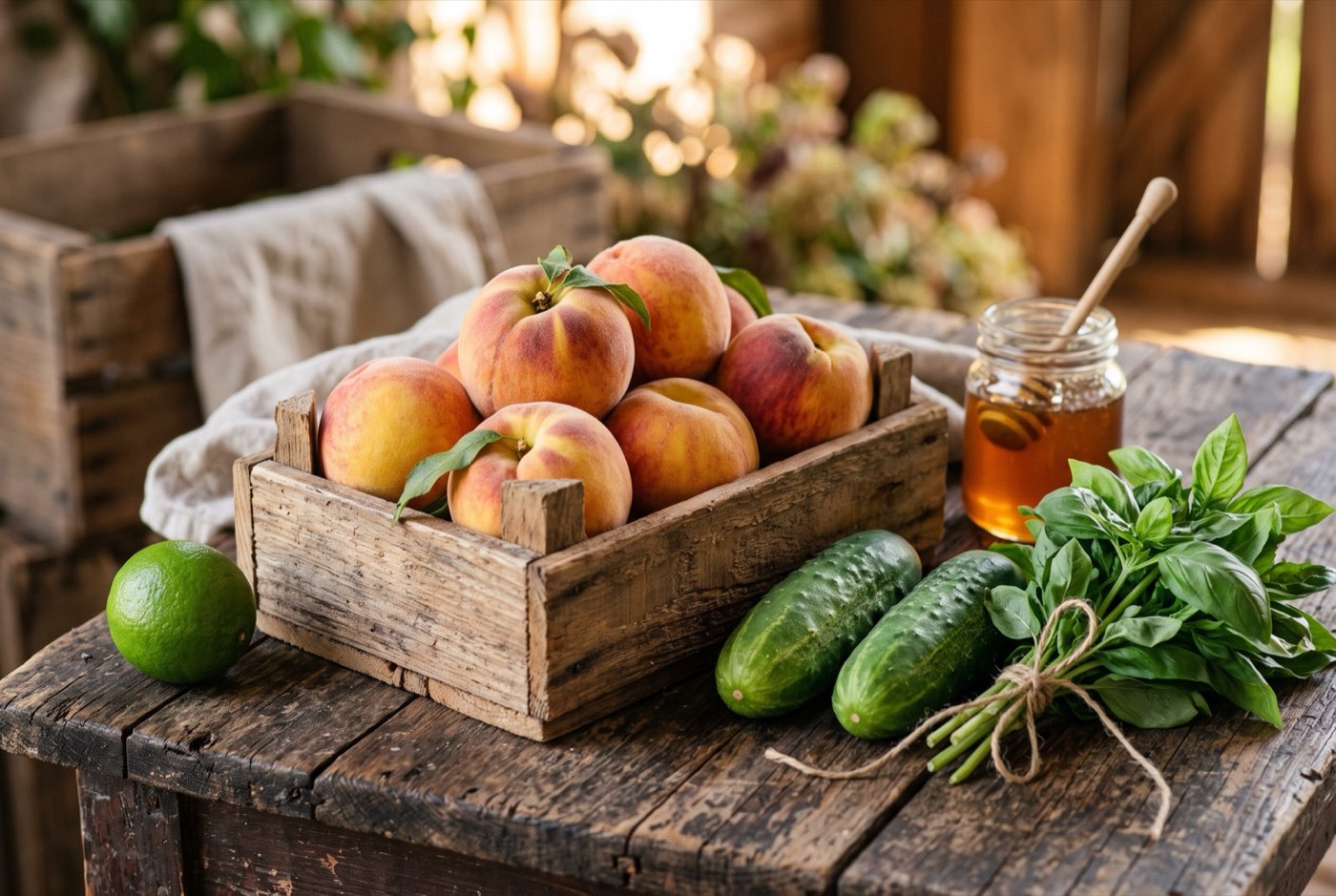 Fresh Georgia peaches in a wooden crate beside cucumbers, basil, a lime, and a jar of honey on a farm table