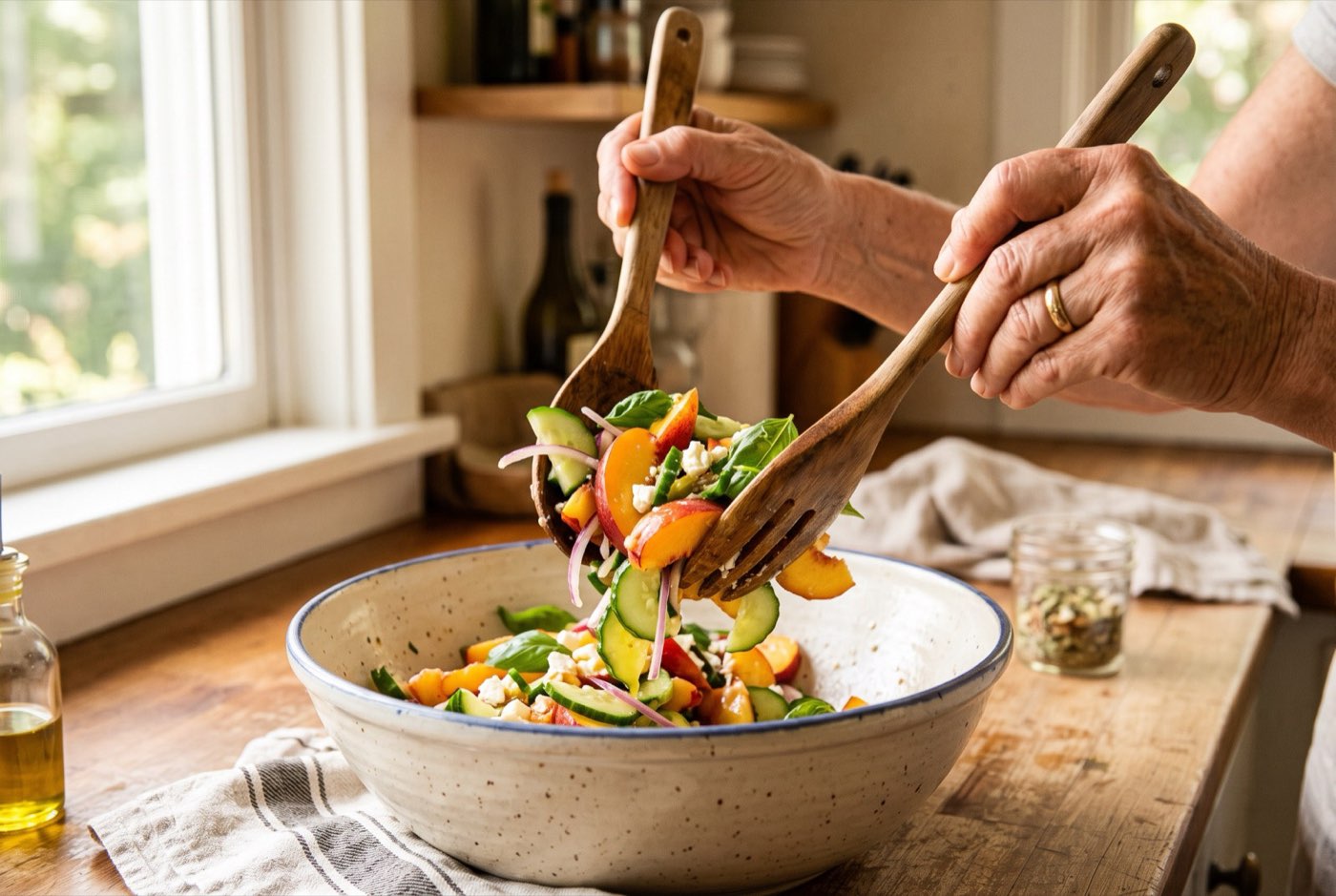 Hands tossing a peach and cucumber salad with wooden servers in a bright home kitchen