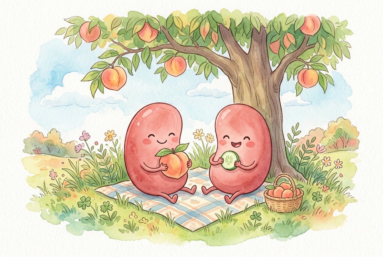Two friendly cartoon kidneys relaxing under a peach tree, one holding a peach and one holding a cucumber slice