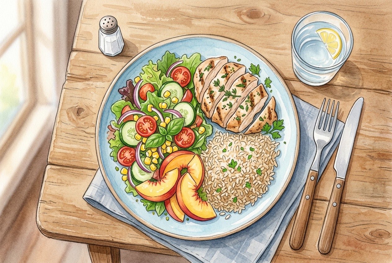 A healthy summer dinner plate: half vegetables and peach slices, a quarter grilled chicken, a quarter brown rice, with a glass of water and the salt shaker pushed far away