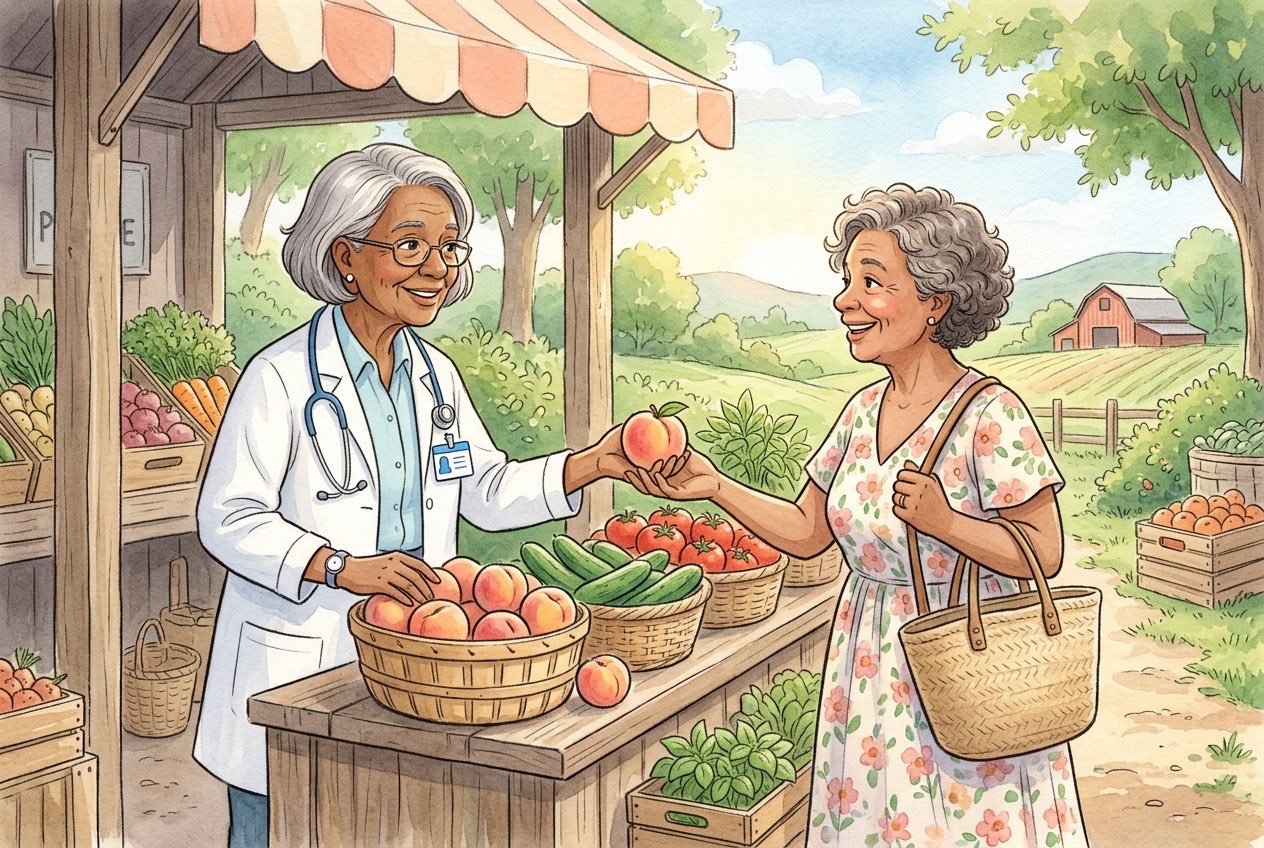 A physician and a patient chatting happily at a Georgia farm stand piled with peaches and summer produce