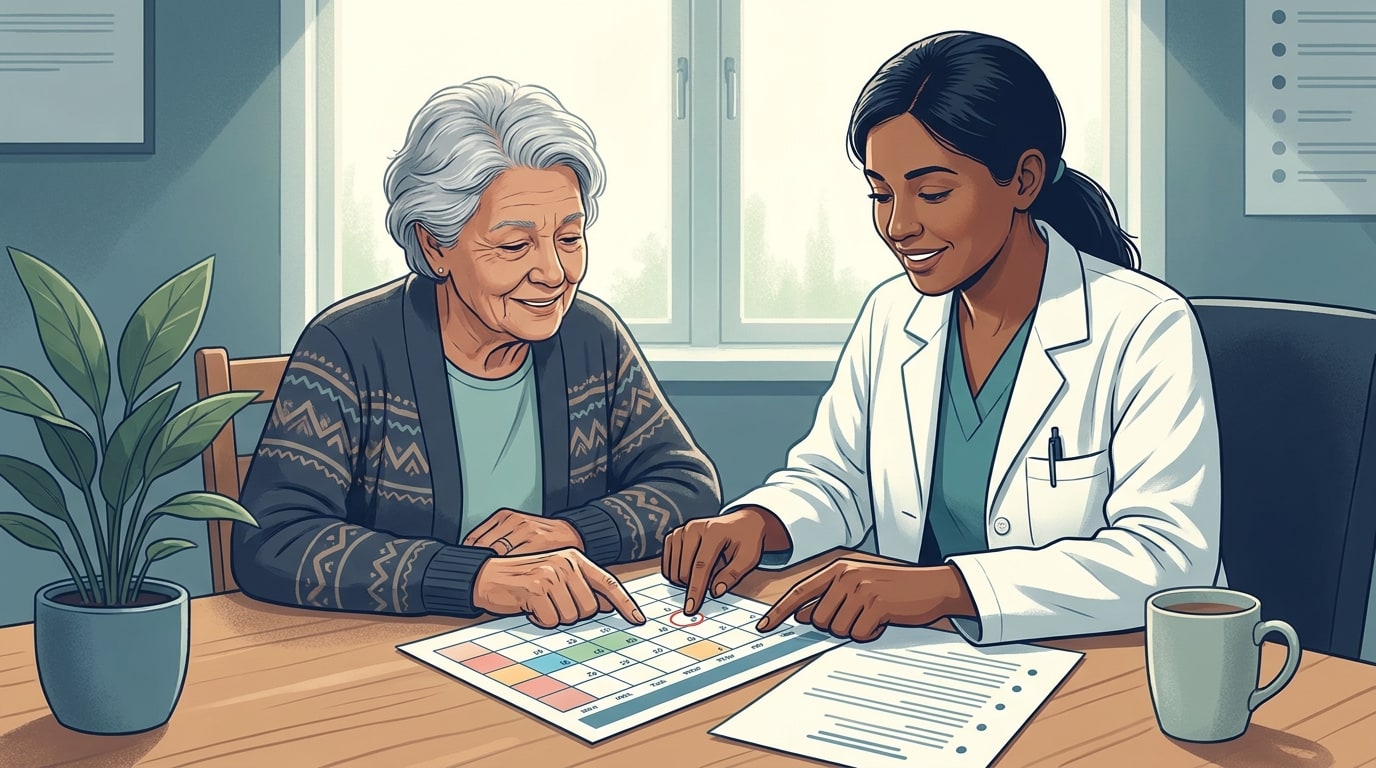 A nephrologist and an older patient sitting side by side at a clinic table, reviewing a printed dialysis treatment calendar and a written emergency plan together