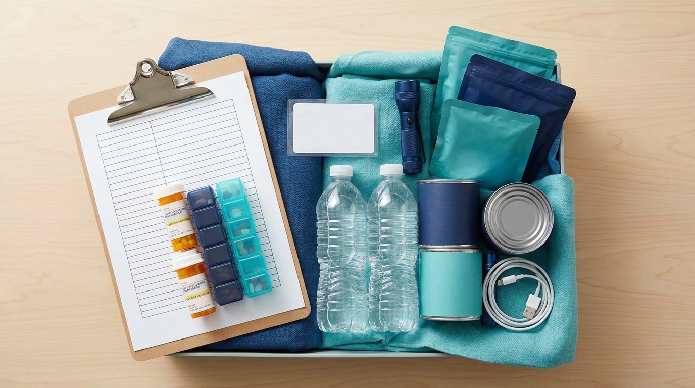 An emergency kit for a kidney patient laid out on a table: prescription bottles beside a printed medication list on a clipboard, a paper health record card, sealed bottled water, shelf-stable foods, a flashlight, and a phone charger