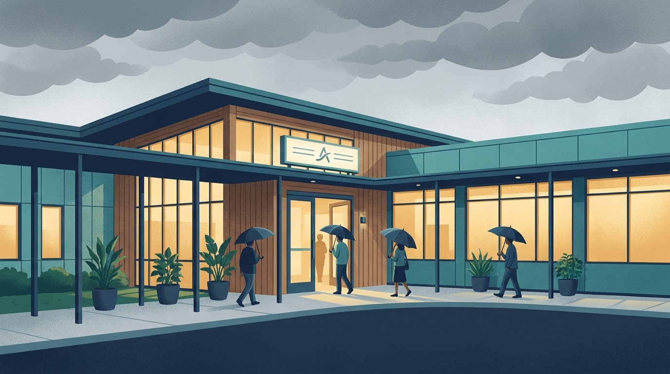 The welcoming entrance of a small dialysis clinic on an overcast pre-storm afternoon, with warm light glowing from the windows and people calmly walking in