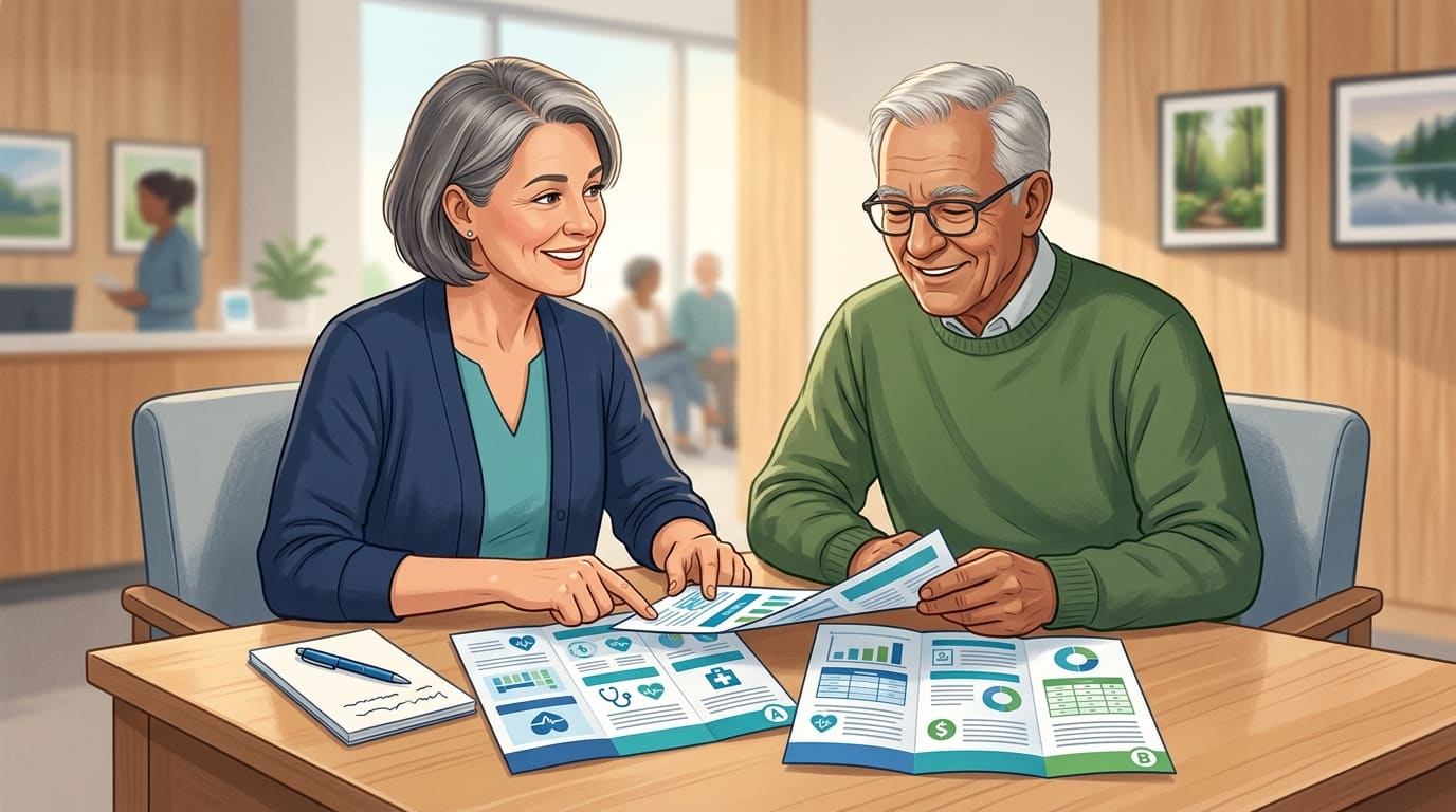 An insurance counselor at a community center desk helping an older adult compare two health plan brochures side by side, both smiling, with a notepad and pen on the table