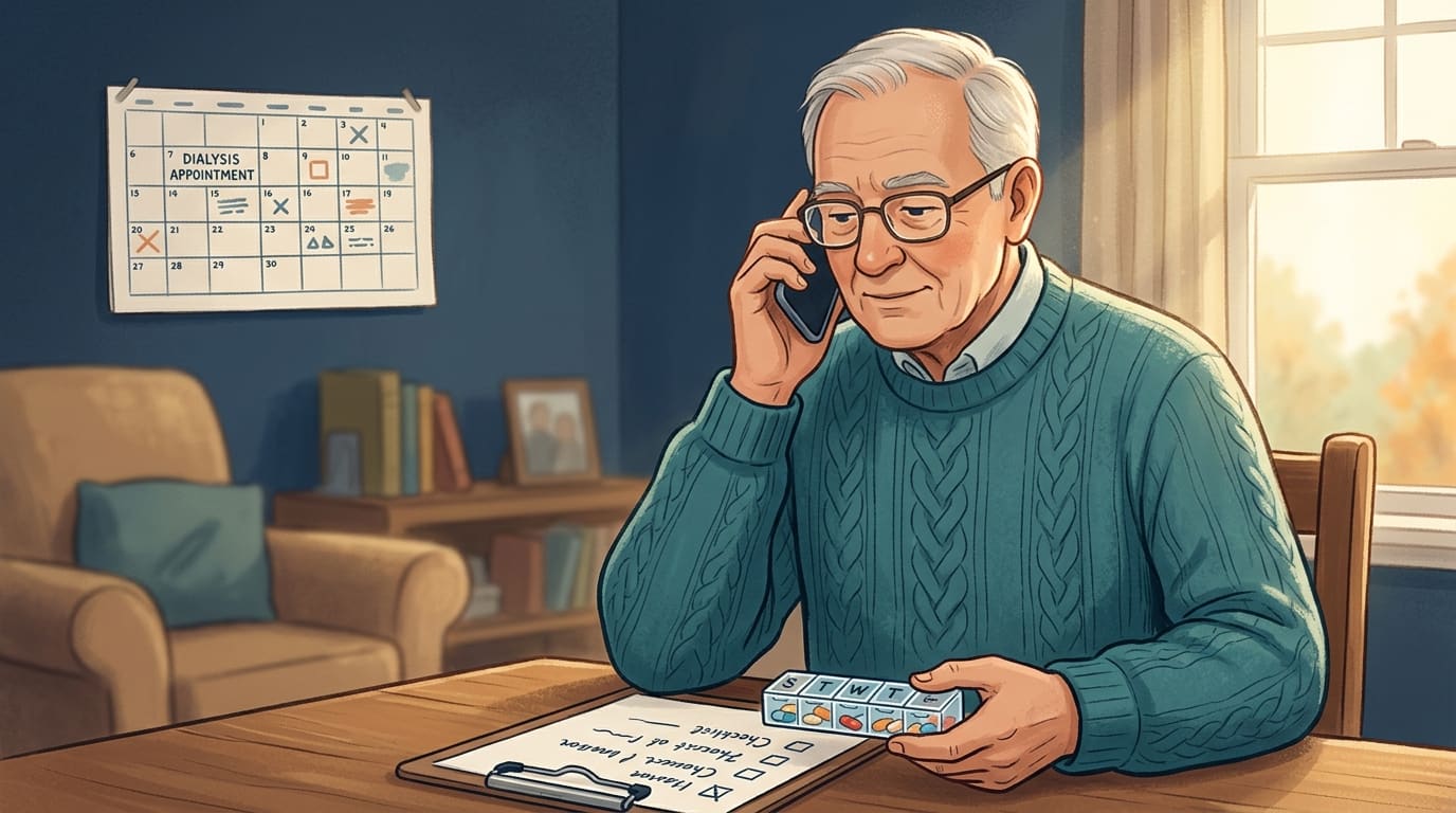 An older man at home on a phone call, holding a checklist and a pill organizer, with his dialysis appointment calendar on the wall behind him in calm autumn light